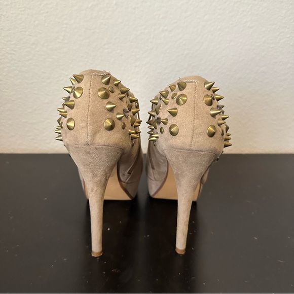 Aldo Brown Faux Suede Studded Rhinestone Heeled Ankle Boots - Picture 6 of 17